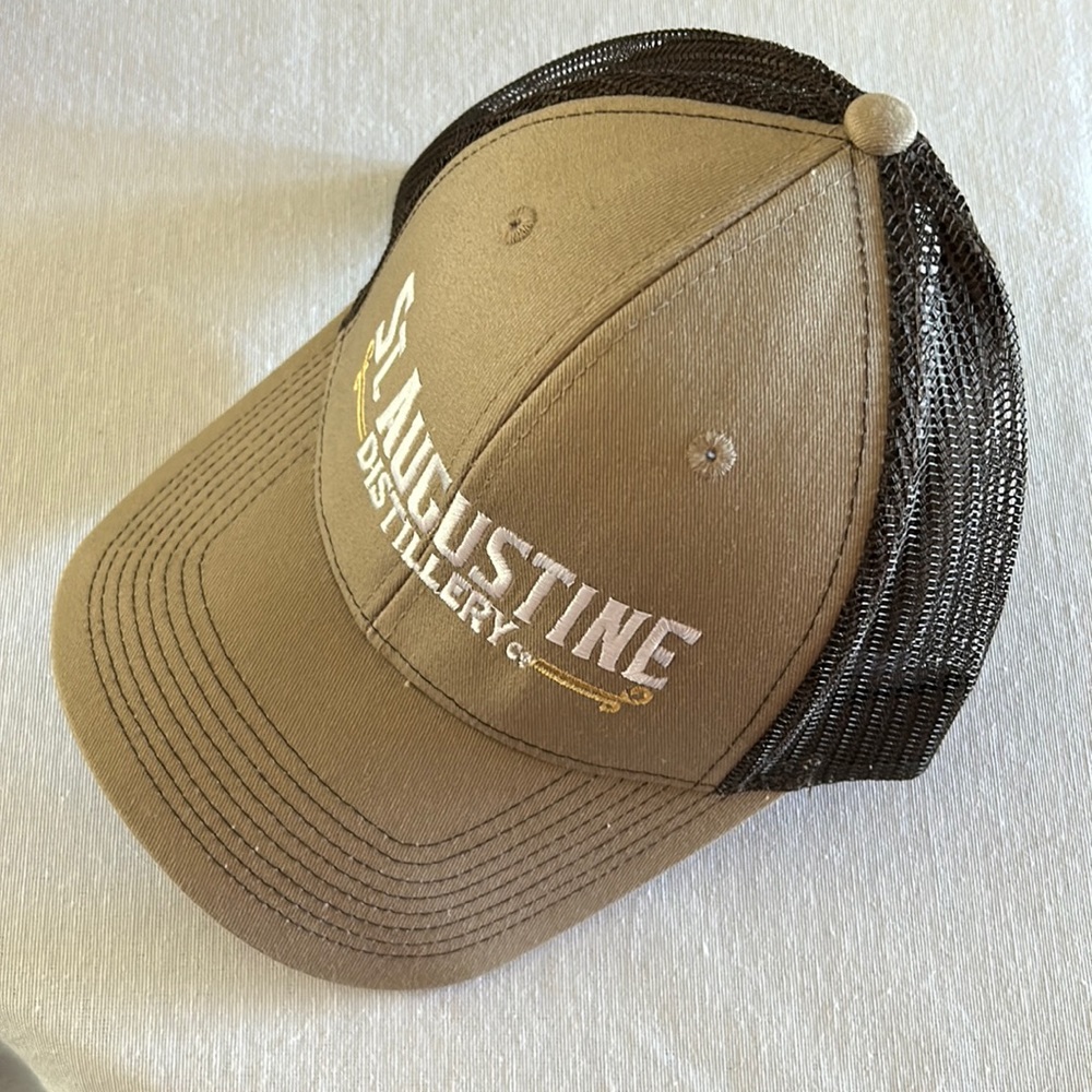 NWOT, St. Augustine Distillery Trucker Hat, Adjustable, Tan With Brown.
